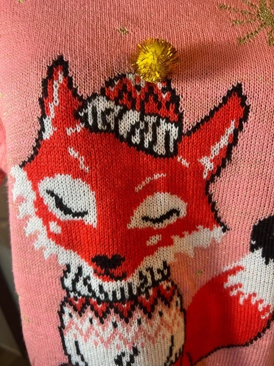 Women's Pink Fox Crewneck Sweater with Pom Accent - Picture 5 of 9